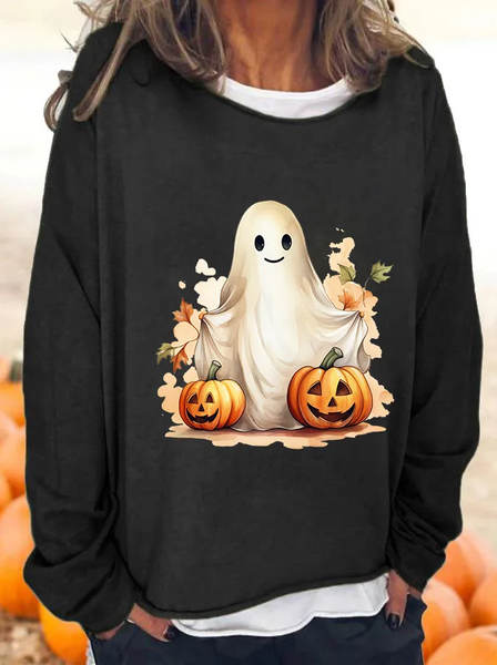 

Casual Loose Halloween Crew Neck Cute Halloween Ghost Printed Loose Women's T-shirt, Black, Sweatshirts & Hoodies