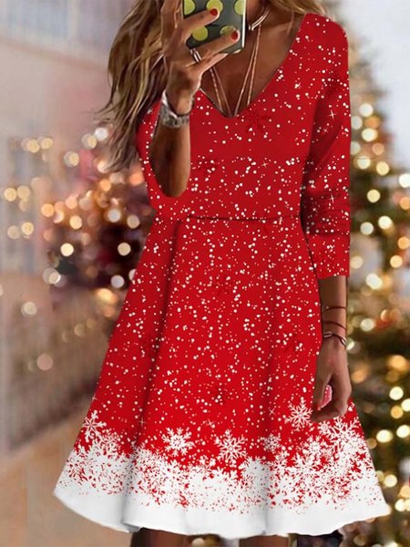 

Loose V Neck Snowflake Casual Dress, Red, Dresses