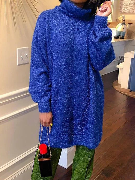 

High Elasticity Loose Turtleneck Long Sleeve Urban Mid-long Sweater, Blue, Pullovers