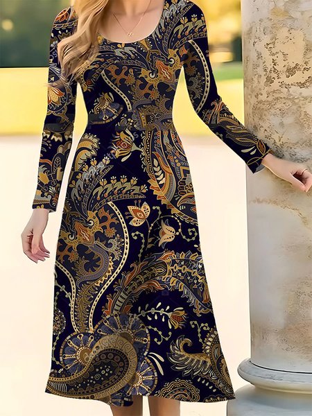 

Paisley Crew Neck Vintage Dress, Black, Dresses