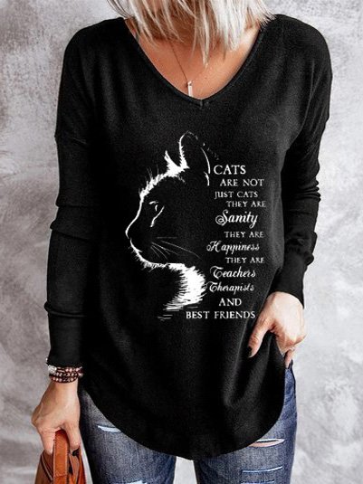

Plus Size V Neck Loose Casual Jersey T-Shirt, Black, Long sleeves