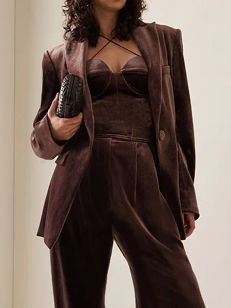 

Velvet Lapel Collar Urban Plain Long Sleeve Blazer, Deep brown, Blazers