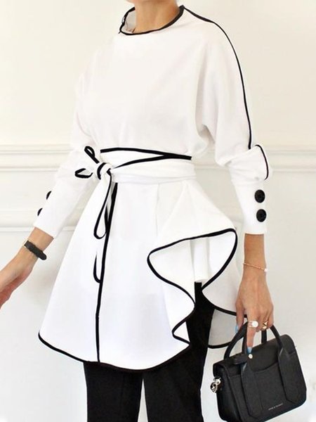 

Crew Neck Urban Color Block Long Sleeve Shirt, White, Blouses and Shirts