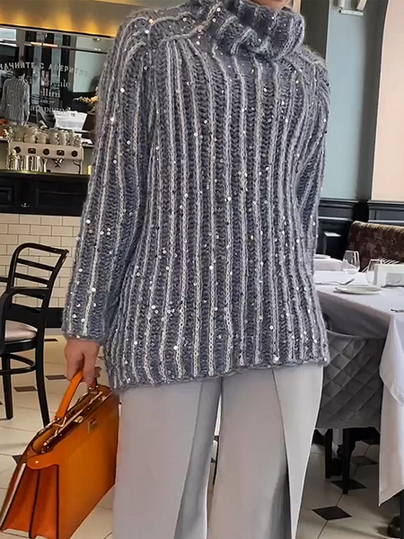 

High Elasticity Urban Turtleneck Long Sleeve Plain Sweater, Gray, Pullovers