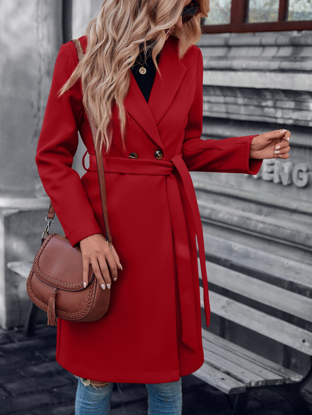 

Loose Casual Cross Neck Ethnic Double Button Belted Overcoat, Red, Trench Coats