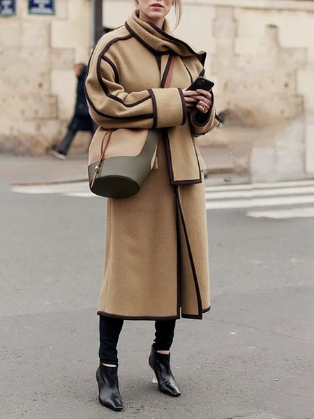 

Regular Fit Crew Neck Urban Color Block Coat With Scarf, Khaki, Coats