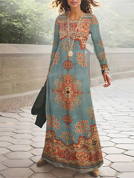 

Vintage Crew Neck Loose Dress, Blue, Dresses