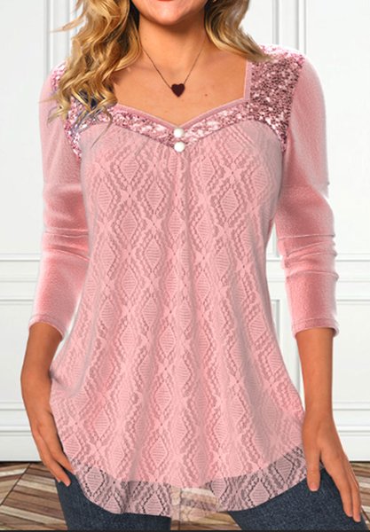 

Glitter Square Neck Casual Loose Shirt, Pink, Shirts & Blouses