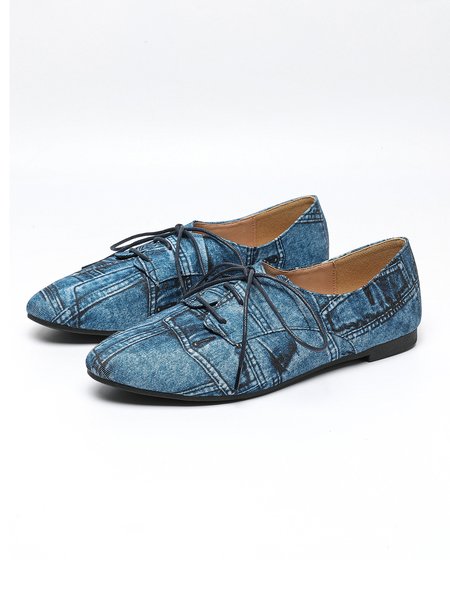 

Women Fashion Distressed Denim Blue Lace-Up Shoes, Flats