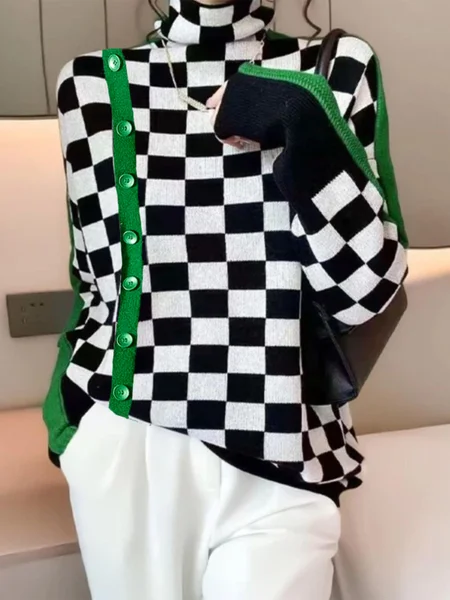

Plaid Urban Turtleneck Long Sleeve Sweater, Black-white, Pullovers