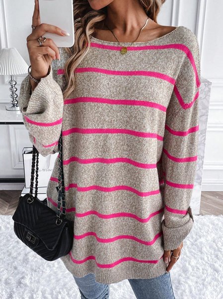 

Striped Crew Neck Casual Sweater, Rose red, Sweaters