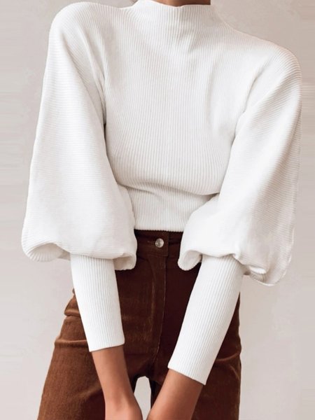 

Crew Neck Lantern Sleeve Elegant Sweater, White, Pullovers