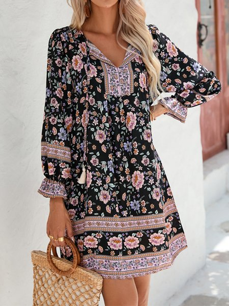 

Floral Loose Boho V Neck Dress With No, As picture, Dresses