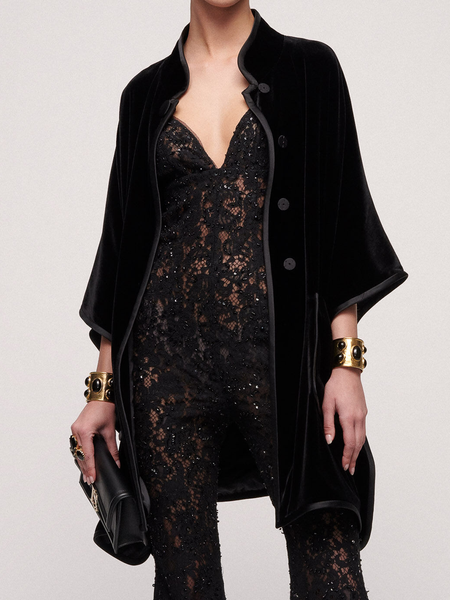 

Loose Plain Elegant Stand Collar Three Quarter Sleeve Mid-long Jacket, Black, Jackets