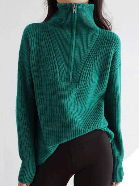 

Urban Plain Turtleneck Zipper Long Sleeve Sweater, Green, Pullovers