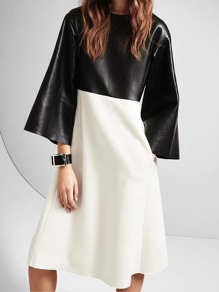 

Loose Color Block PU Crew Neck Elegant Leather Dress, Black-white, Midi Dresses