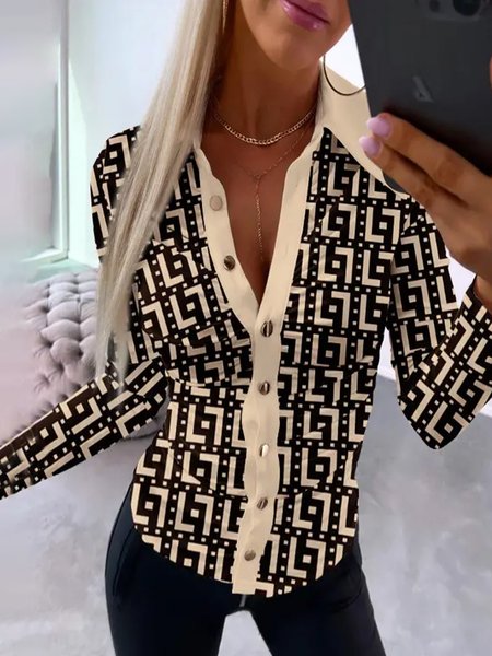 

Urban Shirt Collar Geometric Regular Fit Blouse, Khaki, Blouses and Shirts