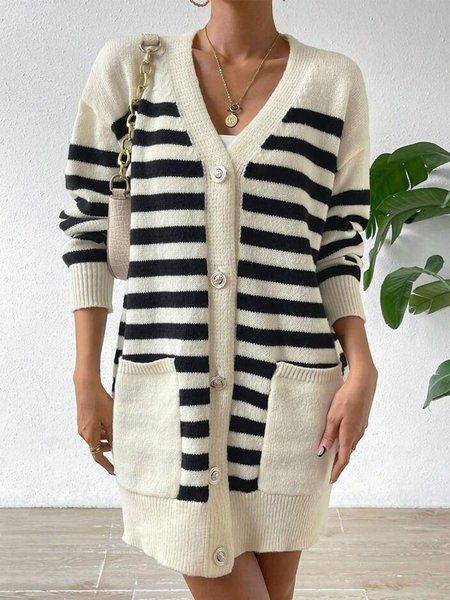 

V Neck Casual Striped Cardigan, Black-white, Cardigans