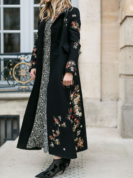 

Urban Loose Lapel Collar Long Sleeve Floral Long Coat, Black, Coats