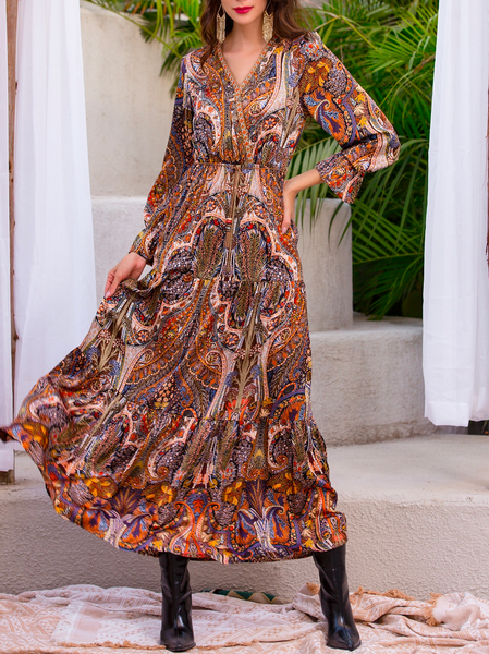 

Casual V Neck Paisley Print Fringes Detail Dress With No Belt, Brown, Dresses