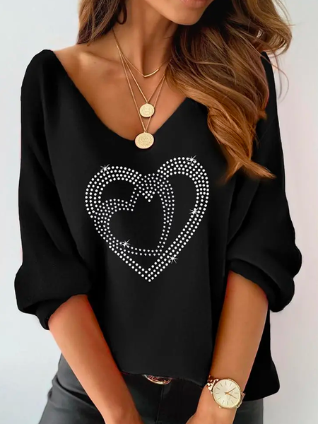 

V Neck Elegant Rhinestone Double Heart Pattern Casual Shirt, Black, Shirts & Blouses