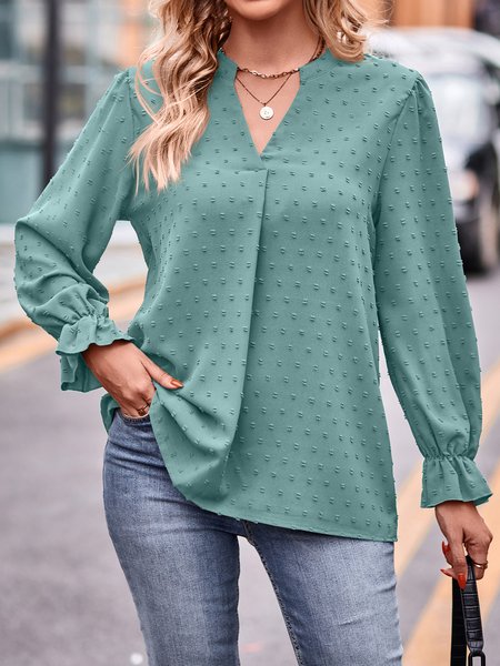 

V Neck Plain Casual Shirt, Green, Shirts & Blouses