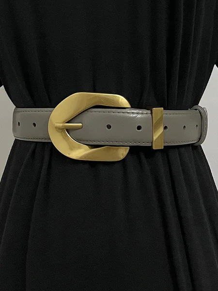 Ladies Leather Large Metal Buckle Belt, Deep gray, Belts