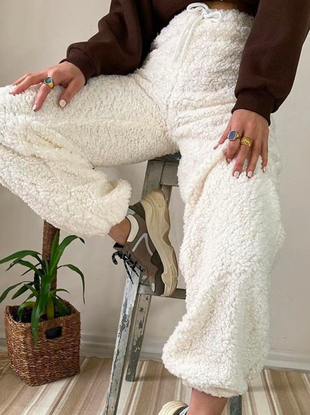 

Loose Casual Fluff/Granular Fleece Fabric Pants, White, Pants