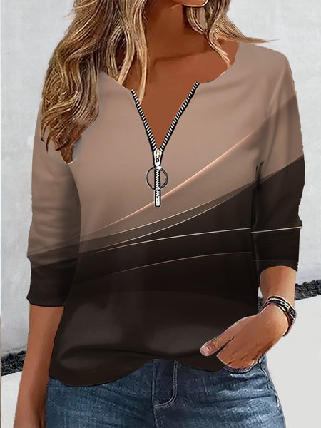 

Crew Neck Abstract Casual Zipper T-Shirt, Pink, T-Shirts