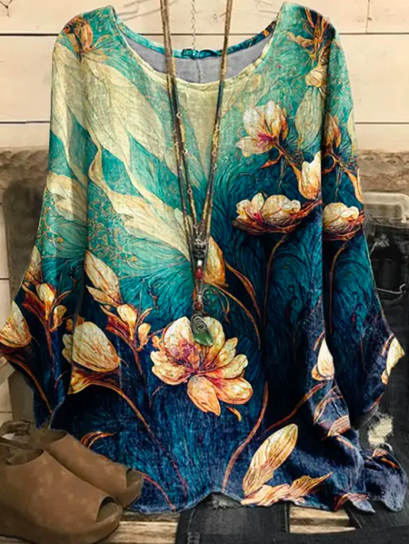 

Crew Neck Elegant Round Neck Casual Loose Floral Print Long Sleeve Shirt, Blue, Shirts & Blouses