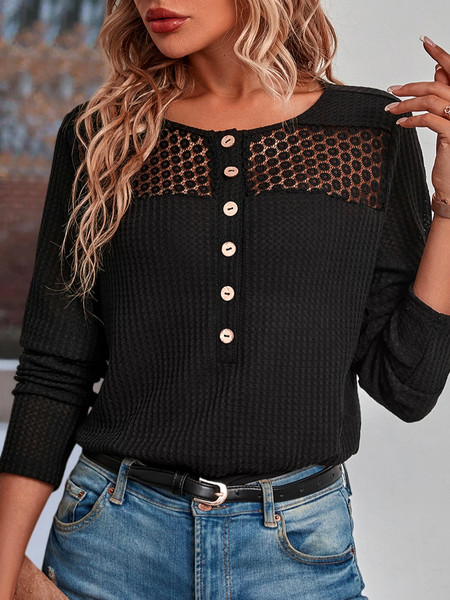 

Buttoned Loose Plain Elegant Contrast Lace Half Button Shirt, Black, Shirts & Blouses