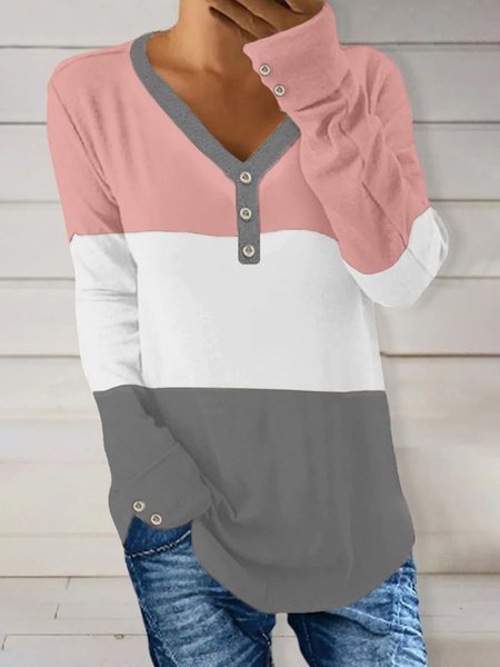 

Casual Buckle Regular Fit Color Block T-Shirt, Pink, T-Shirts