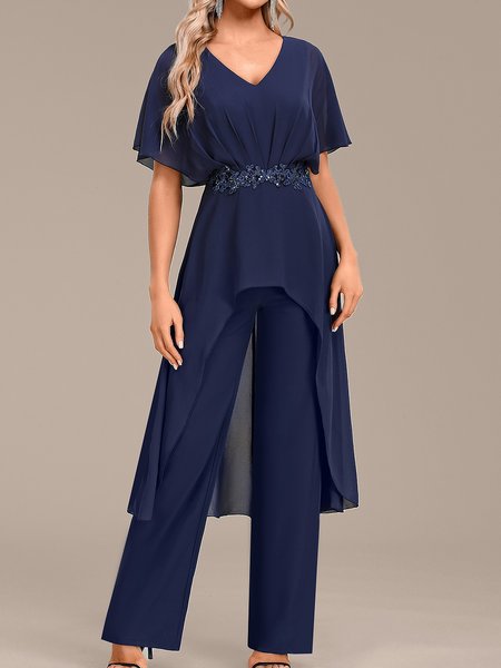 

V Neck Lace Elegant Plain Jumpsuit, Dark blue, Jumpsuits＆Rompers