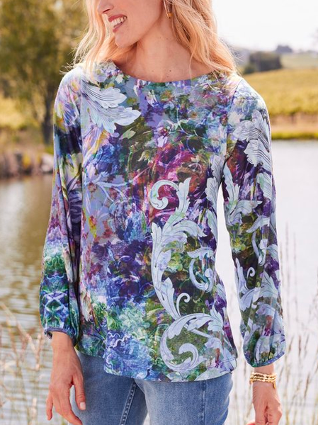 

Loose Crew Neck Floral Elegant Shirt, Blue, Shirts & Blouses