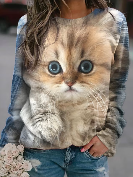 

Casual Cat Crew Neck Loose Sweatshirt, Blue, Sweatshirts & Hoodies