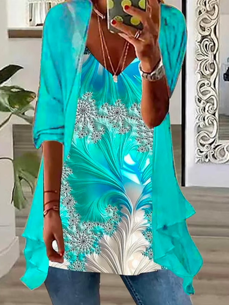 

Loose Elegant Geometric Crew Neck Two-Piece Set, Green, Suit Set
