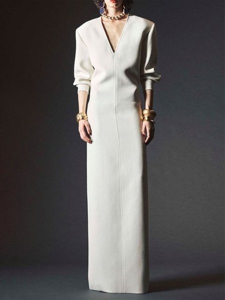 

Plain Urban V Neck Loose Dress, White, Maxi Dresses