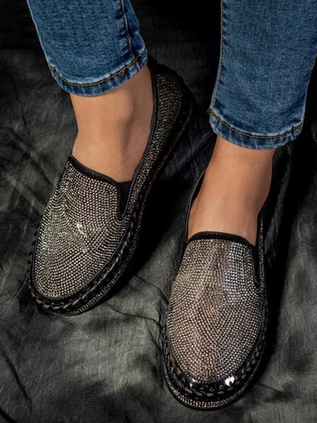 

Women Rhinestone Fashion Slip On Platform Shoes, Black, Flats
