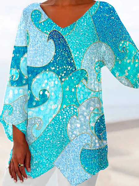 

Women's Vintage Sequined Wave Print Casual Elegant Color Block Shirt, Blue, Shirts & Blouses