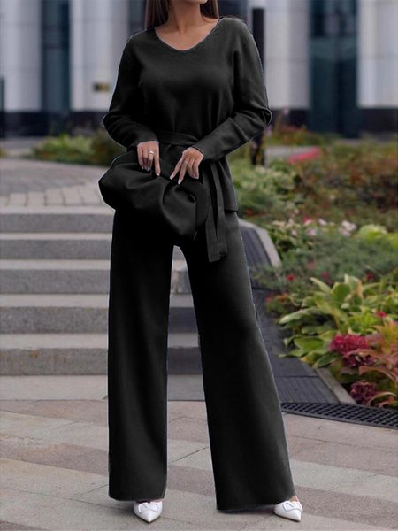 

V Neck Loose Casual Plain Two-Piece Set, Black, Suit Set