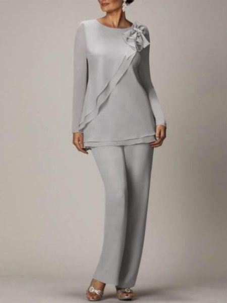 

Crew Neck Elegant Two-Piece Set, Gray, Suit Set