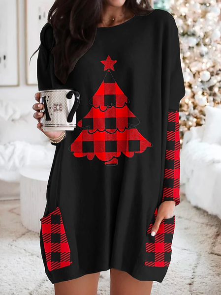 

Casual Loose Crew Neck Plaid Dress With No Belt, Black, Dresses