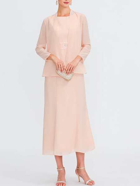 Plain Chiffon Elegant Loose Two-Piece Set, Pink, Party Dresses