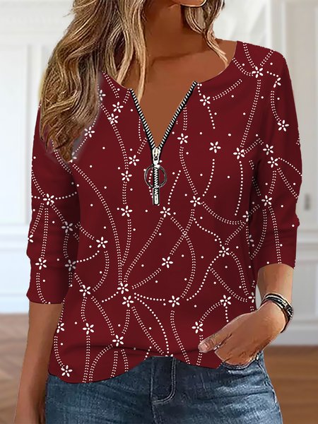 

Crew Neck Zipper Geometric Casual T-Shirt, Red, T-Shirts