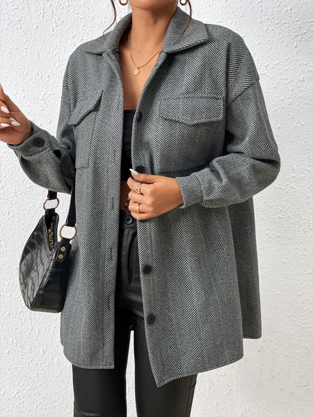 

Geometric Casual Striped Flap Pocket Drop Shoulder Tweed Overcoat, Black, Coats