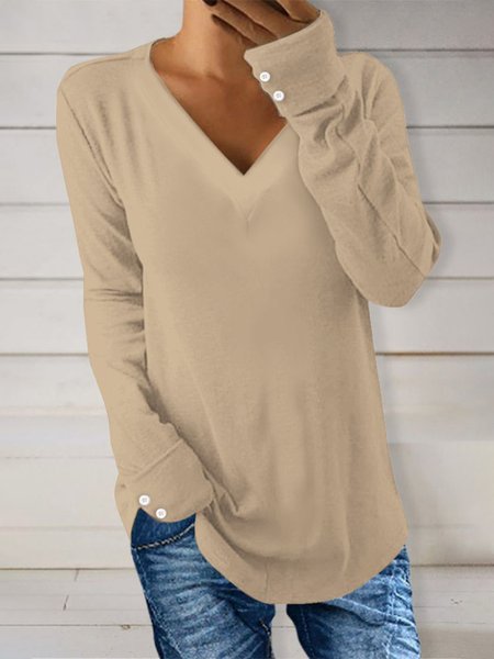 

Buckle V Neck Casual T-Shirt, Khaki, T-Shirts