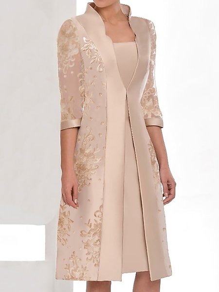 

Lace Stand Collar Plain Elegant Two-Piece Set, Khaki, Party Dresses