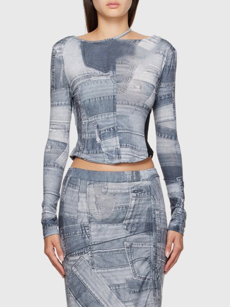

Geometric Denim Pattern Tight Urban Long Sleeve T-Shirt, Blue, Tees