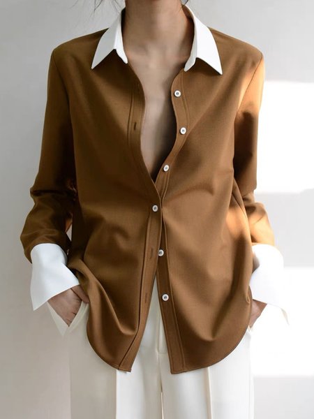 

Shirt Collar Loose Urban Color Block Blouse, Coffee, Blouses and Shirts
