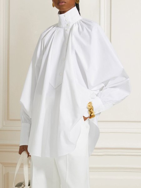 

Long Sleeve Urban Loose Stand Collar Blouse, White, Blouses and Shirts